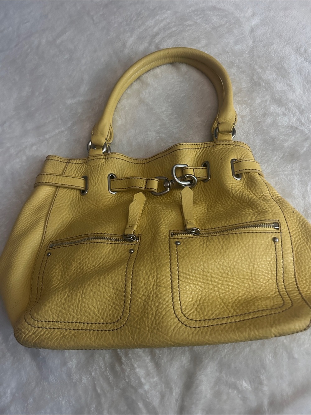 Cole Haan Yellow Pebbled Leather Shoulder Tote with Front Zip Pockets